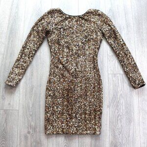 Dress the Population Women Small Bodycon Gold Black Sequin Stretch Long Sleeve